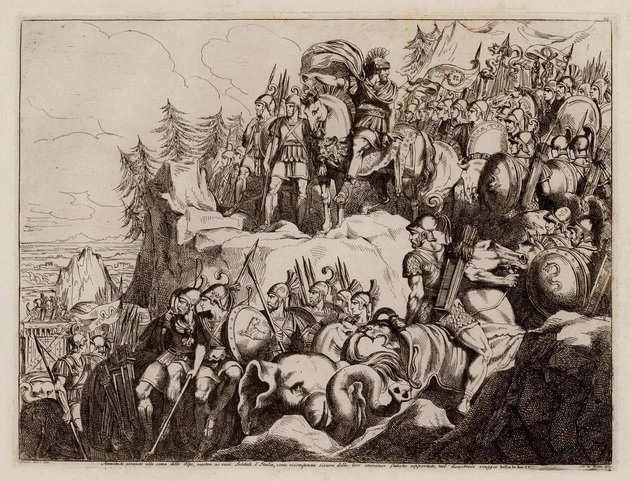 Hannibal ylittää Alpit Italiaan, 218 eaa. (etsaus) tekijältä Bartolomeo Pinelli