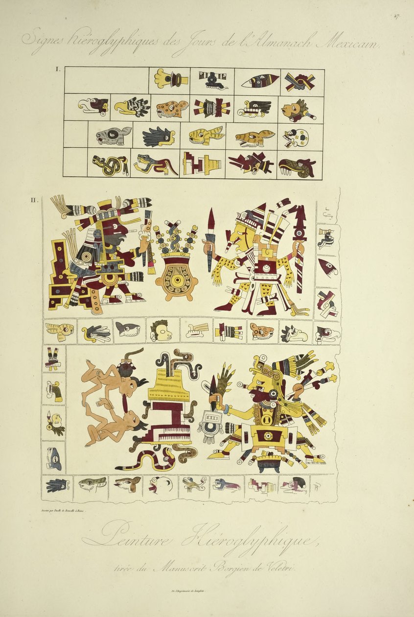 Hieroglyfimaalauksia, Borgia-käsikirjoituksesta Veletrissä, kuvitus Alexander von Humboldtin ja Aime Bonplandin teoksesta "Näkymät Cordilleraille ja Amerikan alkuperäiskansojen monumenteille" tekijältä Bartolomeo Pinelli