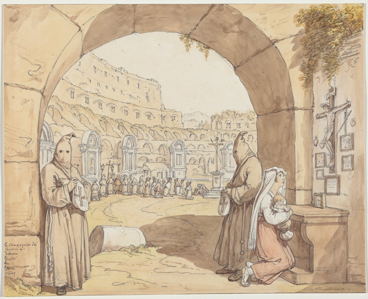 La Compagnia dei sacconi al Colosseo (Colosseumissa alttareiden äärellä rukoilevat katujat) tekijältä Bartolomeo Pinelli