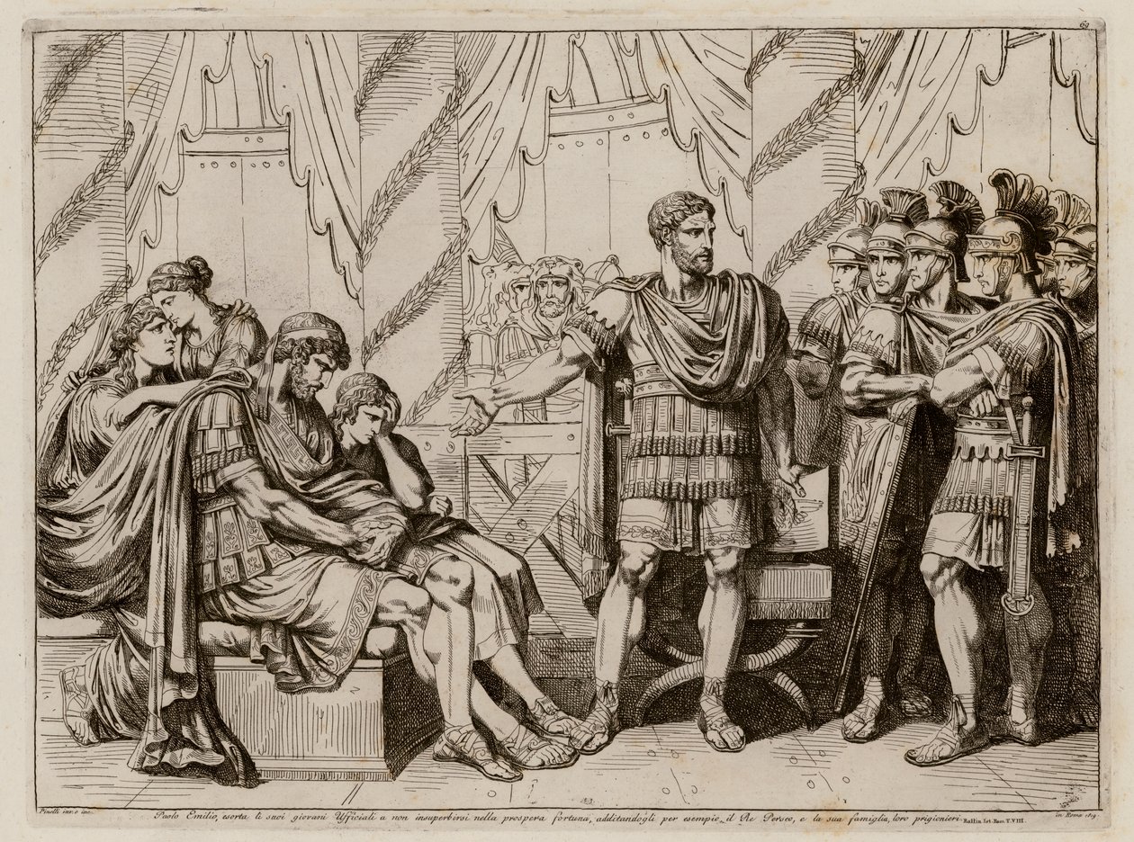 Lucius Aemilius Paullus Macedonicus osoittaa Makedonian kukistettua kuningasta Perseusta. tekijältä Bartolomeo Pinelli