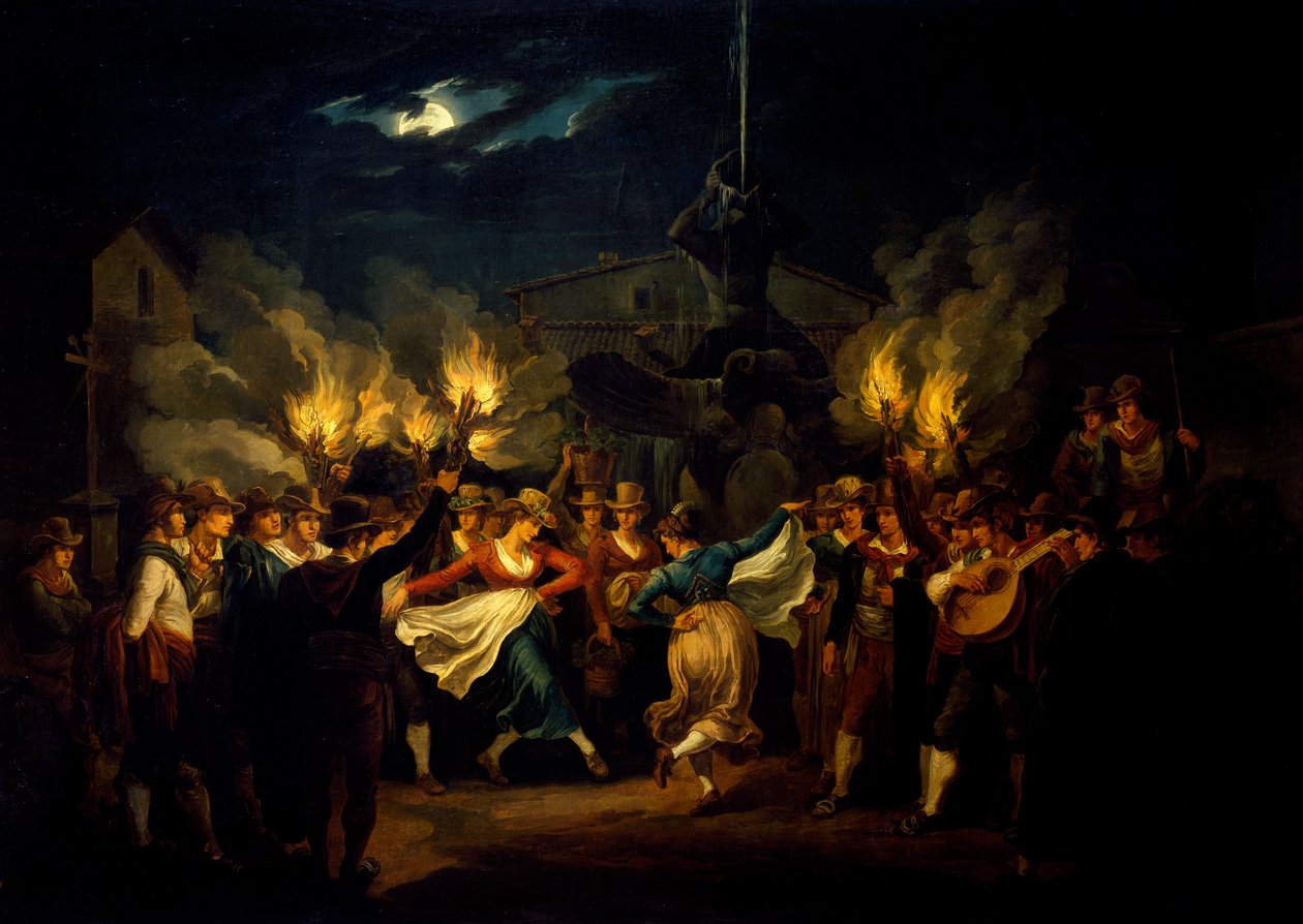 Yötanssia Piazza Barberinilla sadonkorjuun jälkeen, kirjoittanut Bartolomeo Pinelli (1781-1835), Italia tekijältä Bartolomeo Pinelli