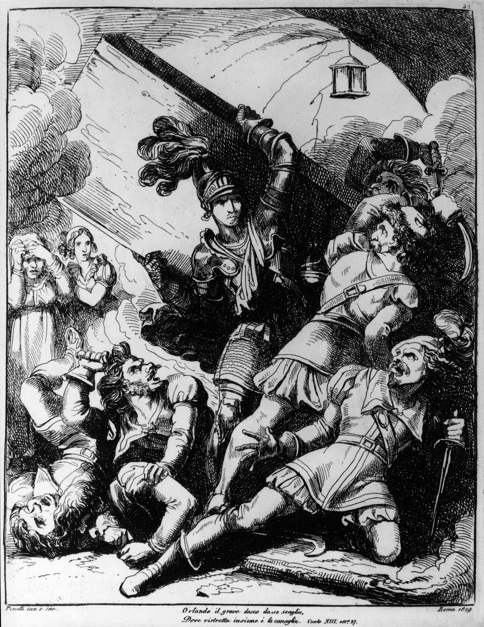 Orlando heittelee puulautaa kahtakymmentä aseistautunutta miestä vastaan, Bartolomeo Pinellin (1781-1835) kuvitus Ludovico Arioston (1474-1533) Orlando Furioson XIII kantoon tekijältä Bartolomeo Pinelli