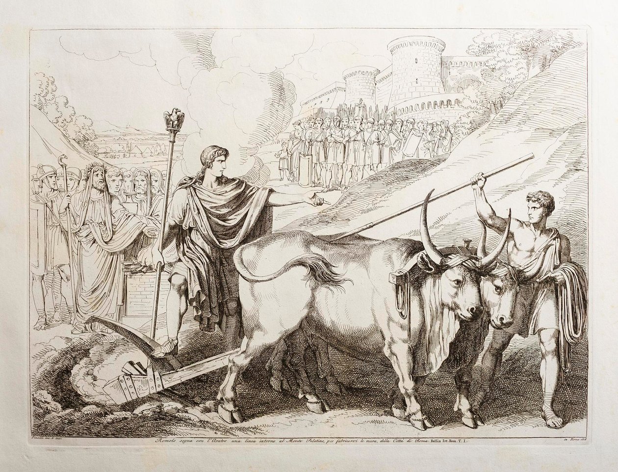 Romulus vetää viivan Palatinus-kukkulan ympärille tekijältä Bartolomeo Pinelli