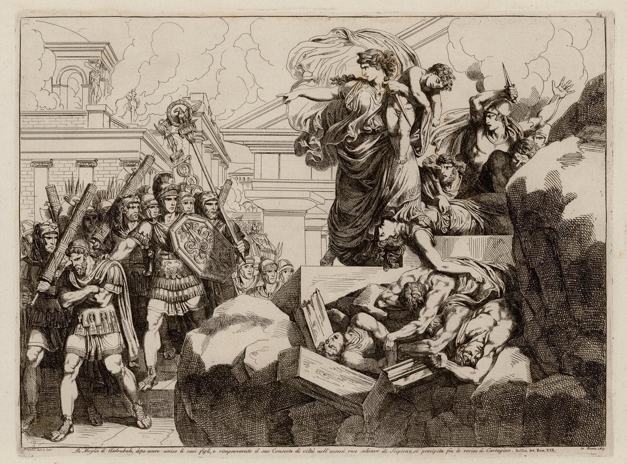 Hasdrubalin vaimon itsemurha (etsaus) tekijältä Bartolomeo Pinelli