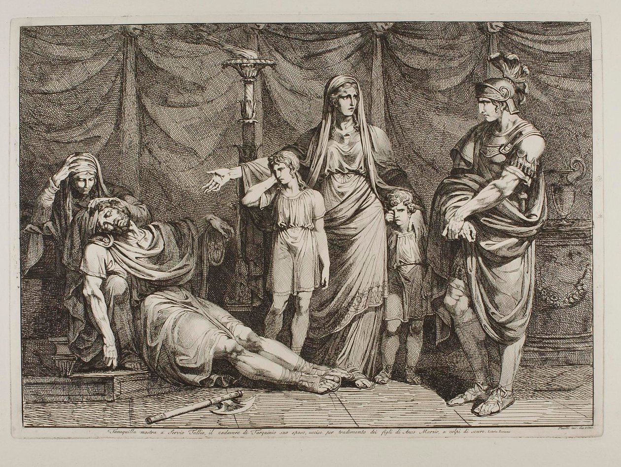 Tanaquilla näyttää Tarquiniuksen ruumiin Servius Tulliukselle tekijältä Bartolomeo Pinelli
