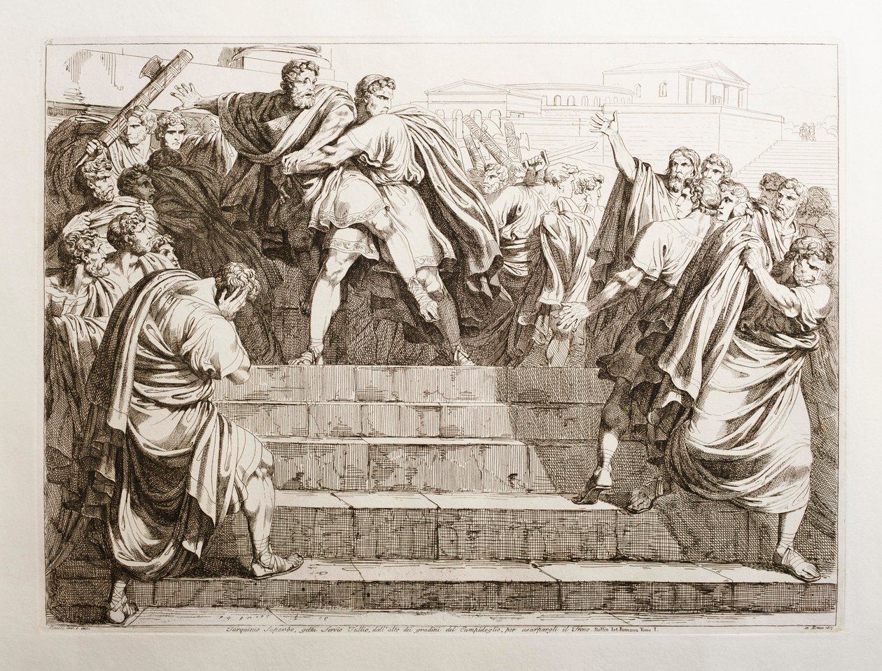 Tarquinius Superbus syöksee Servius Tulliuksen alas Capitoliumin portaita tekijältä Bartolomeo Pinelli