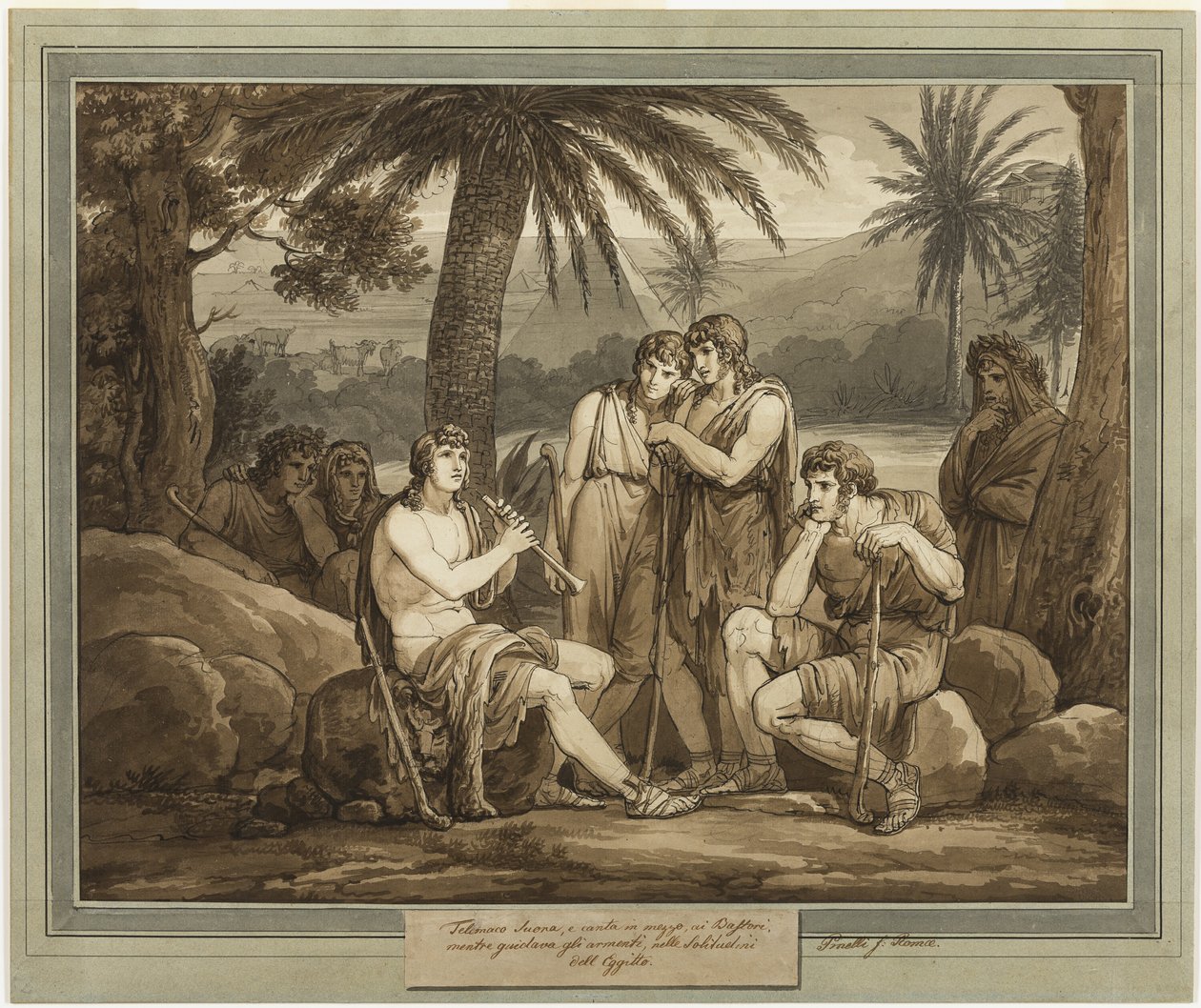 Telemachus soittaa ja laulaa paimenille Egyptissä, Telemachuksen seikkailuista, kirja 2 tekijältä Bartolomeo Pinelli