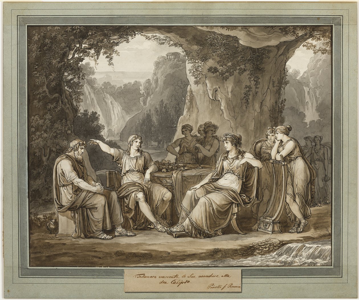 Telemachus kertoo seikkailunsa jumalatar Calypsoon, Telemachuksen seikkailuista, kirja 1 tekijältä Bartolomeo Pinelli