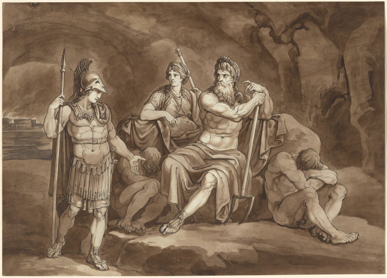Telemachus pyytää Plutolta lupaa etsiä isäänsä alamaailmasta tekijältä Bartolomeo Pinelli