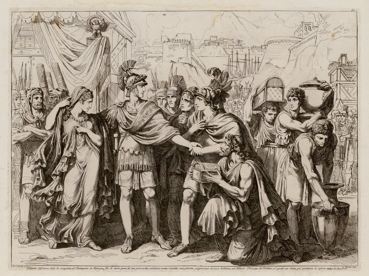 Scipio Africanuksen armollisuus (etsaus) (etching) tekijältä Bartolomeo Pinelli