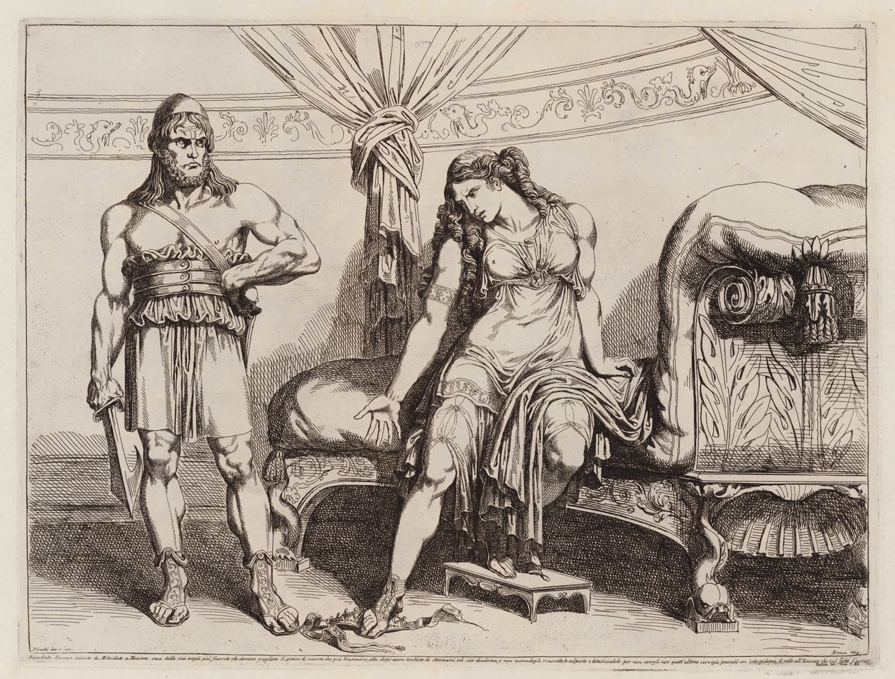 Pontuksen Mithridates VI:n vaimolleen Monimelle lähettämä eunukki Bakkhides (etsaus). tekijältä Bartolomeo Pinelli