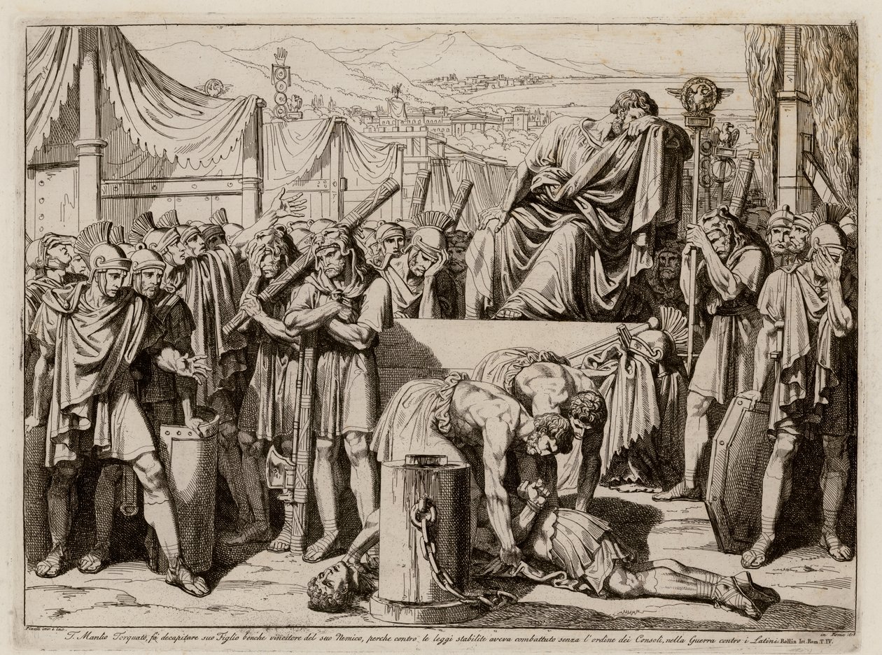Titus Manlius Torquatus mestauttaa poikansa, joka oli jättänyt asemansa taistelussa (etsaus). tekijältä Bartolomeo Pinelli