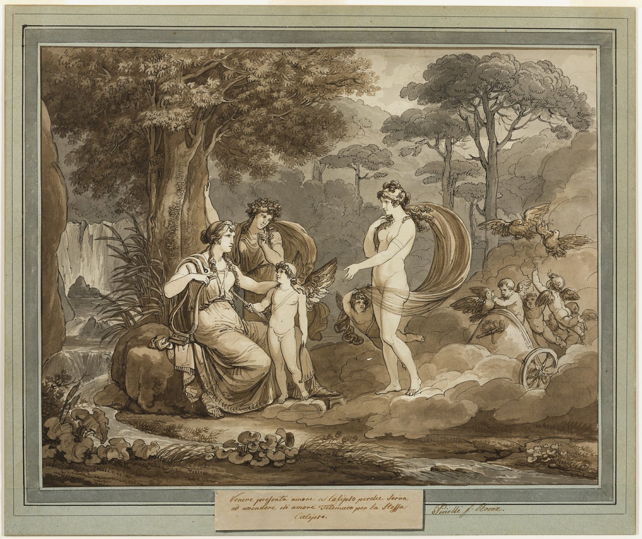Venus esittelee Cupidon Calypsolle Telemachuksen seikkailuista, kirja 7 tekijältä Bartolomeo Pinelli