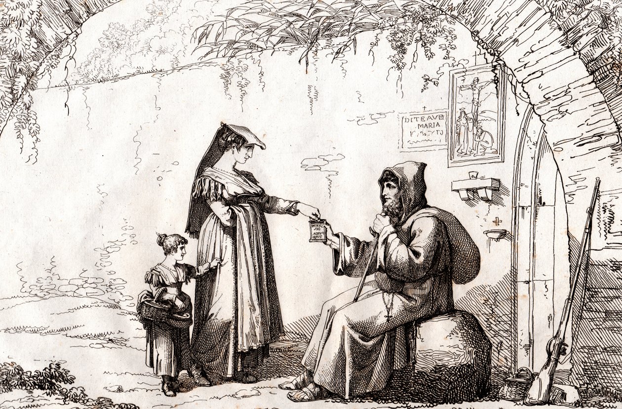 Nainen Frascatista ja erakko, Bartolomeo Pinellin etsaus (Rooma tekijältä Bartolomeo Pinelli
