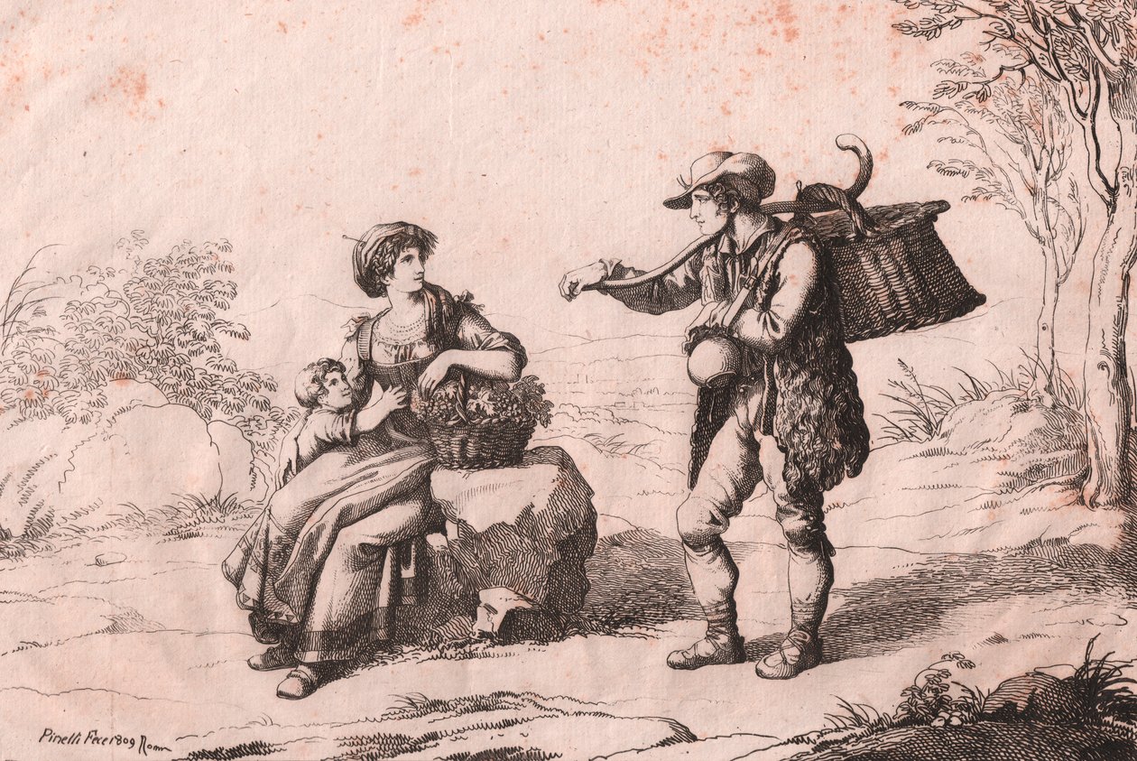 Nainen Pietra Terrazzanasta perinteisissä puvuissa, Abruzzo ja gioncataro (caciotte-juuston myyjä), Bartolomeo Pinellin (Rooma) etsaus tekijältä Bartolomeo Pinelli