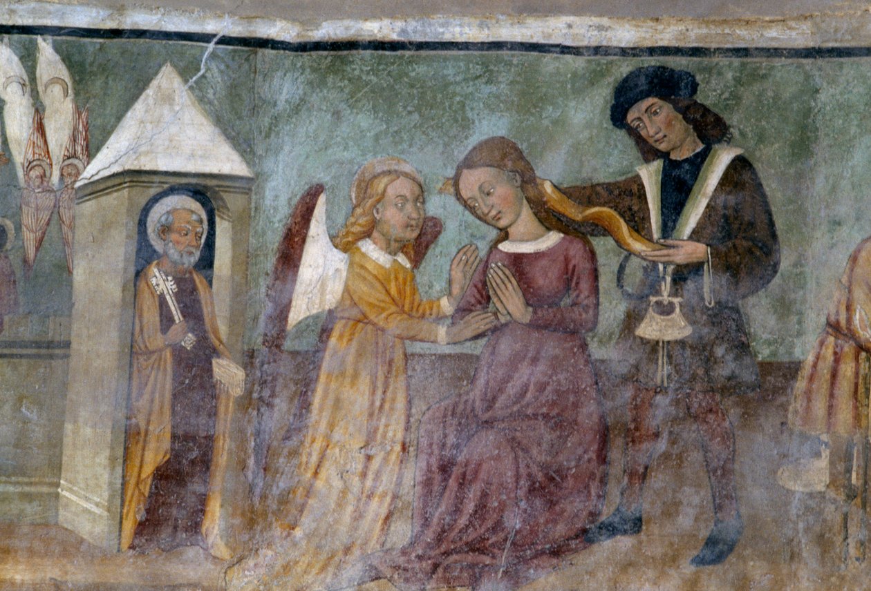 Allegorinen kohtaus, yksityiskohta paheiden ja hyveiden kavalkadia kuvaavasta syklistä, noin 1490, Bartolomeo Serra ja Sebastiano Serra, fresko, Pyhän Tapanin kappeli, Giaglione, Piemonte, Italia tekijältä Bartolomeo and Serra Sebastiano Serra