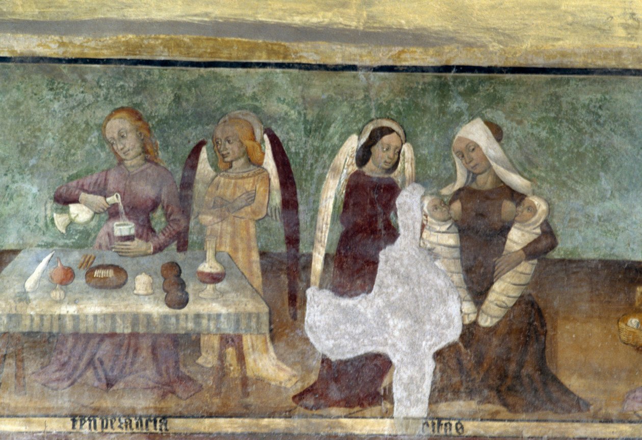 Allegorinen kohtaus, yksityiskohta paheiden ja hyveiden kavalkadia kuvaavasta syklistä, noin 1490, Bartolomeo Serra ja Sebastiano Serra, fresko, Pyhän Tapanin kappeli, Giaglione, Piemonte, Italia tekijältä Bartolomeo and Serra Sebastiano Serra