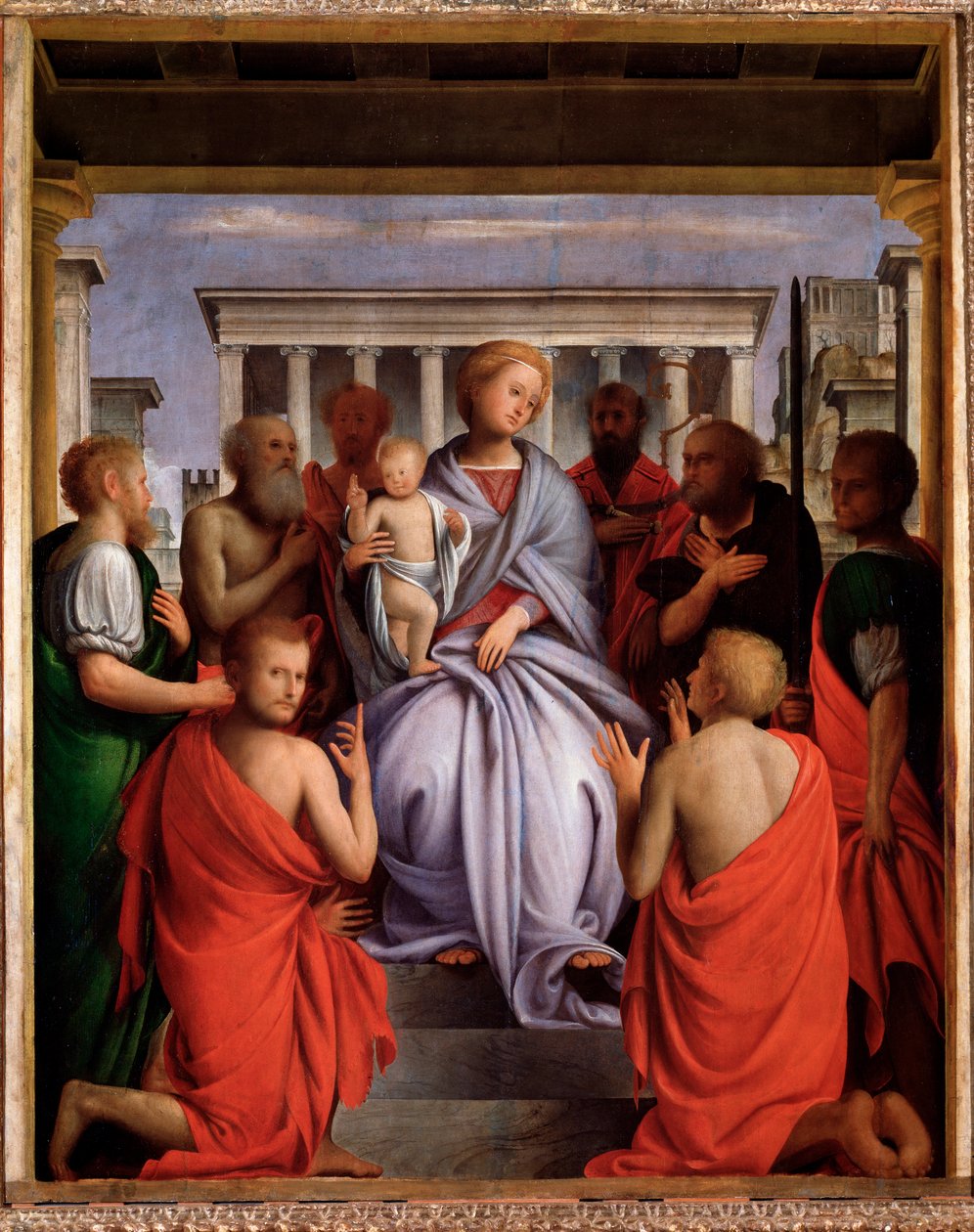 Madonna col Bambino e otto santi (Neitsyt ja lapsi kahdeksan pyhimyksen kanssa, Madonna ja lapsi kahdeksan pyhän kanssa) Bartolommeo Suardin maalaus sanoi Bramantino (1465-1530) 1515-1520 Koko 214x104 cm Pitti Firenze, Palazzo Firenze tekijältä Bartolomeo Suardi Bramantino