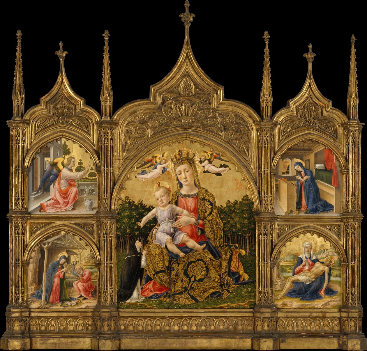 Nöyrä Madonna, Marian ilmestys, syntymäjumalanpalvelus ja Pietà, n.1465 (tempera ja kulta puulle). tekijältä Bartolomeo Vivarini