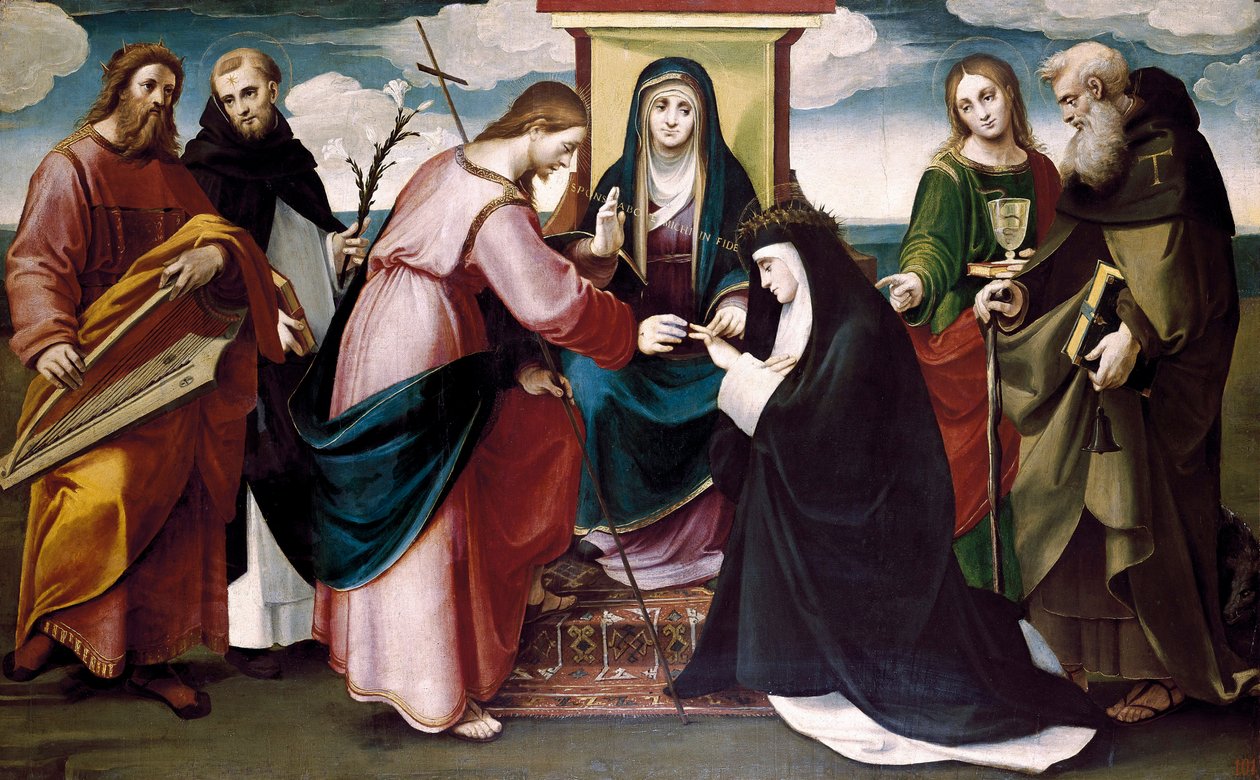 Pyhän Katariinan Sienan mystiset häät Kristuksen ja pyhien Johannes Kastajan, Antonio Abaten, Dominicin, kuningas Daavidin ja Neitsyt Marian kanssa, n. 1517 (öljy paneelissa) tekijältä Bartolomeo called Bagnacavallo Ramenghi