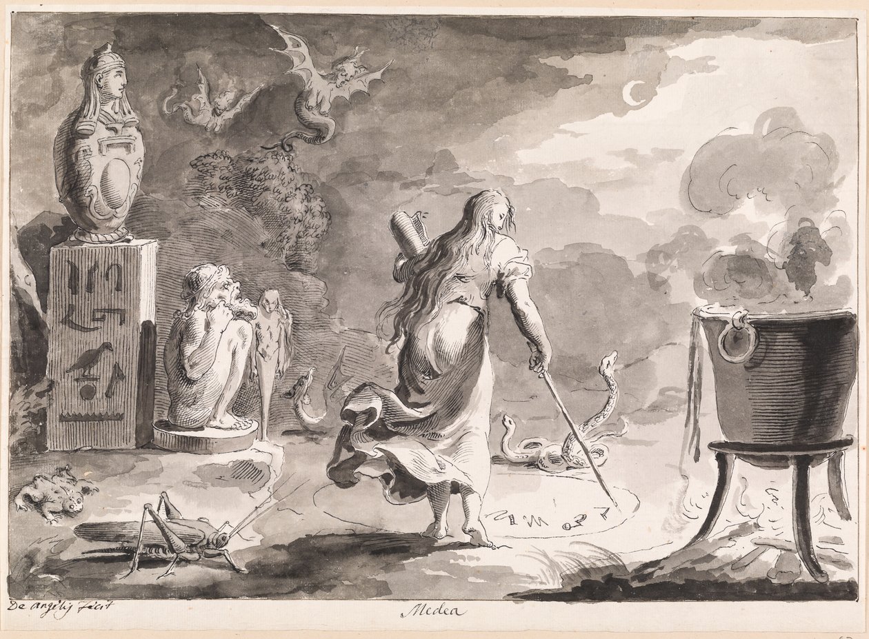 Medea. Nainen selkä käännettynä matelijoiden, merieläinten, noidan patan ja egyptiläisten patsaiden välissä kirjoittaa noituusriimuja yöllä ympyrässä maassa. tekijältä Bartolomeo d