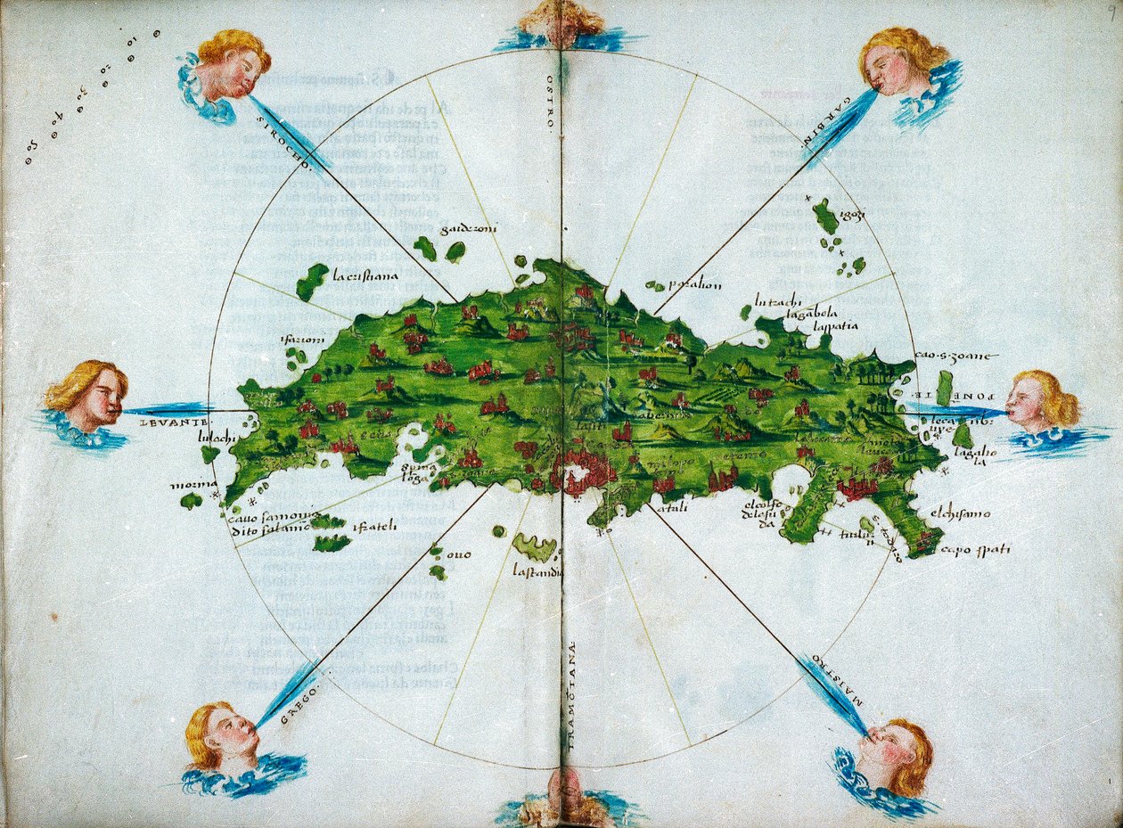Isolario, säkeistöä, värillisiä piirroksia ja Välimeren itäosan kartta pergamentilla, noin 1480 (piirros pergamentilla). tekijältä Bartolomeo da li Sonetti