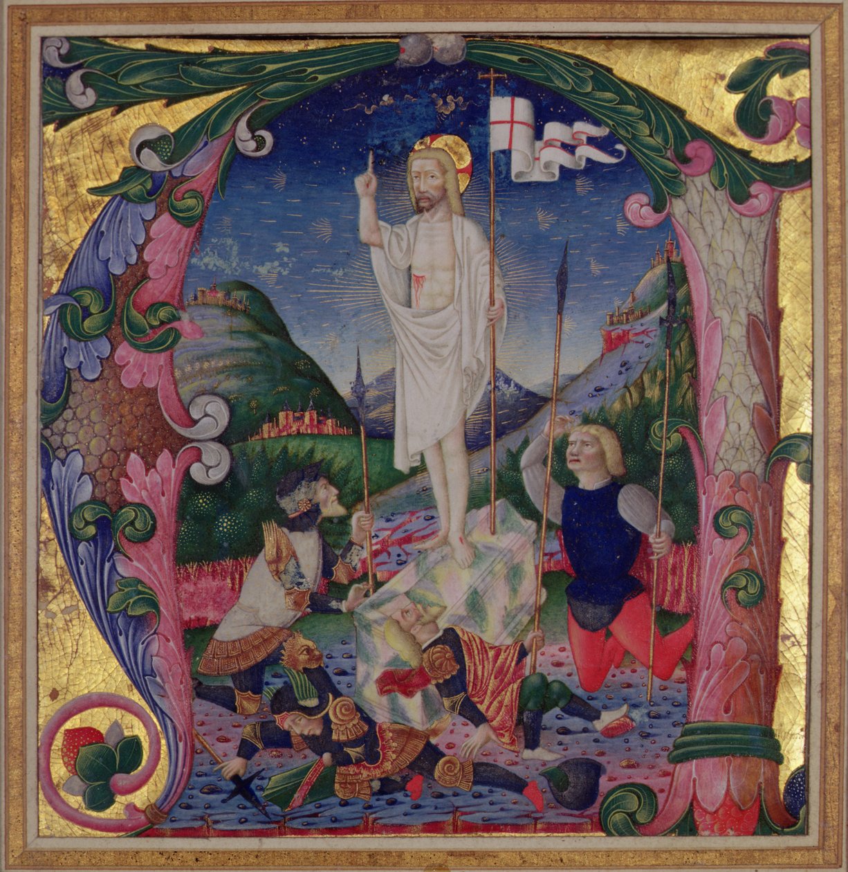 Historioitu alkukirjain A, joka kuvaa Kristuksen ylösnousemusta, Lombardian koulu tekijältä Bartolomeo de Rigossi da Gallarate attr. to Bartolomeo de Rigossi da Gallarate attr. to