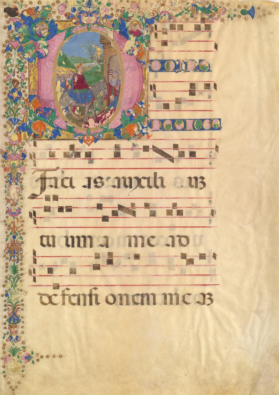 Käsikirjoituslehti, jossa sisääntulo Jerusalemiin palmusunnuntaina alkuperäisessä D..., 1400-1500-luvulla. tekijältä Bartolomeo di Domenico di Guido