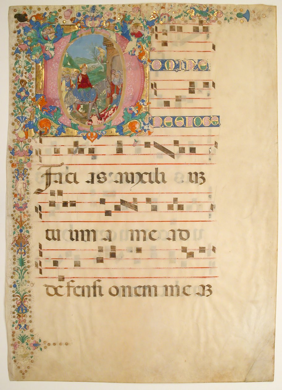 Käsikirjoituslehti, jossa sisääntulo Jerusalemiin palmusunnuntaina alkuperäisessä D..., 1400-1500-luvulla. tekijältä Bartolomeo di Domenico di Guido