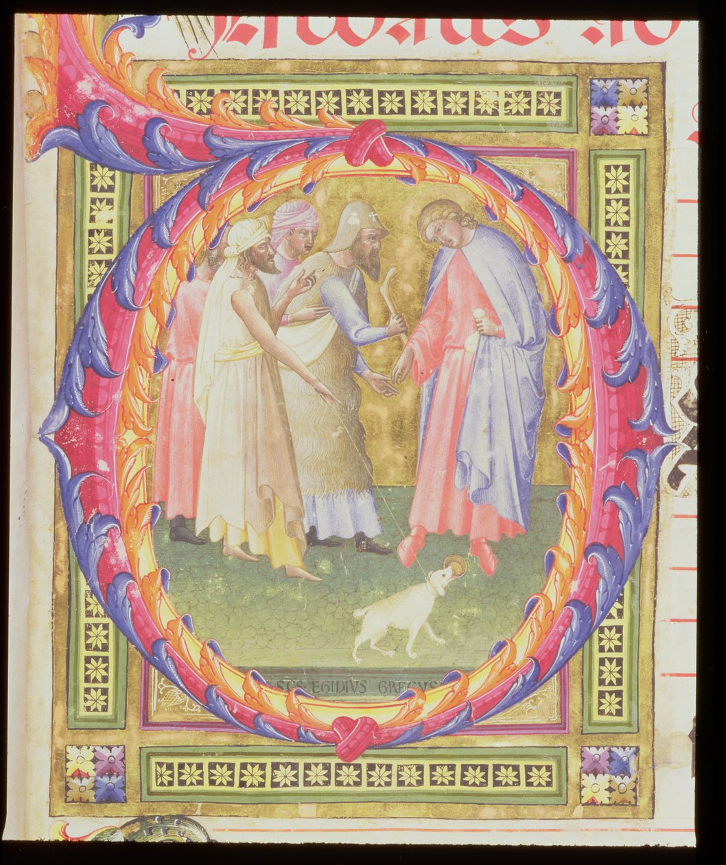 Ms 518 f.1r Historioitu alkukirjain O, joka kuvaa Tobiasta ja enkeliä tekijältä Bartolomeo di Frusino