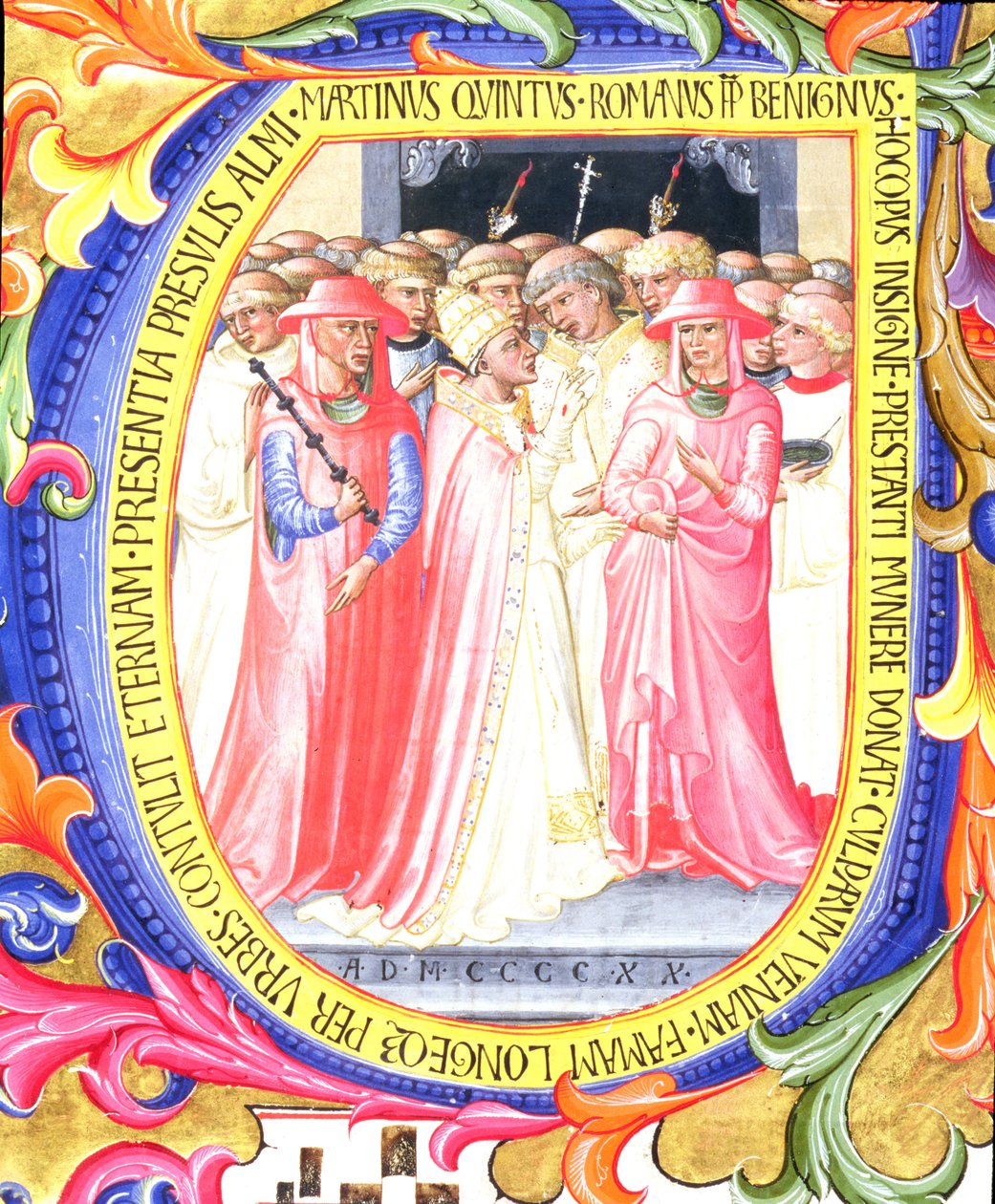 Ms 557 f.61v Historiallinen alkukirjain U, joka kuvaa paavi Martin V 1368-1431 vihkimässä Sant. Egidion kirkkoa, San Marco e Cenacolin antifonista 1420, pergamentti yksityiskohta 100098:sta tekijältä Bartolomeo di Frusino