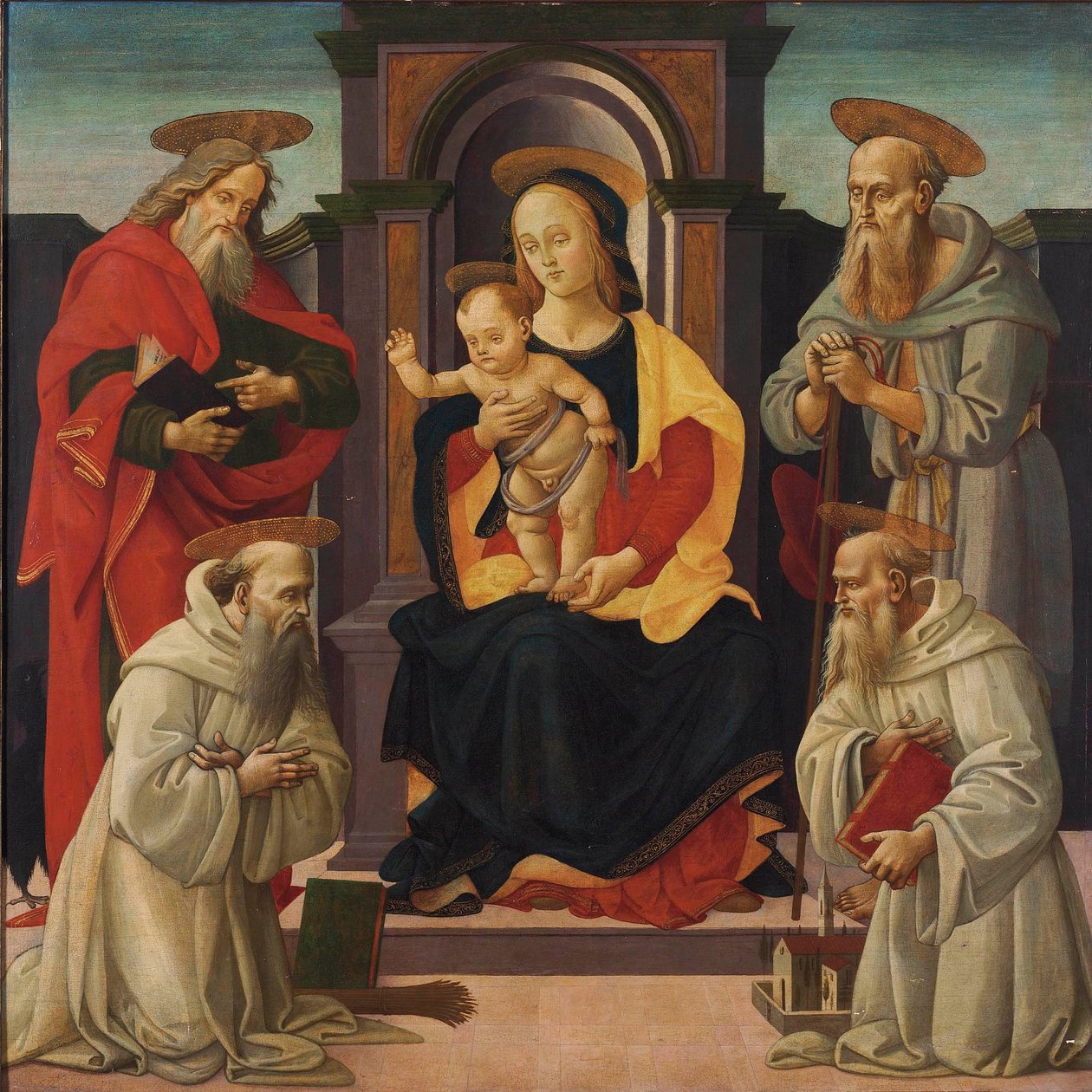 Madonna ja lapsi valtaistuimella pyhien Johannes evankelista ja Hieronymus sekä kahden benediktiiniläisen pyhimyksen kanssa. tekijältä Bartolomeo di Giovanni
