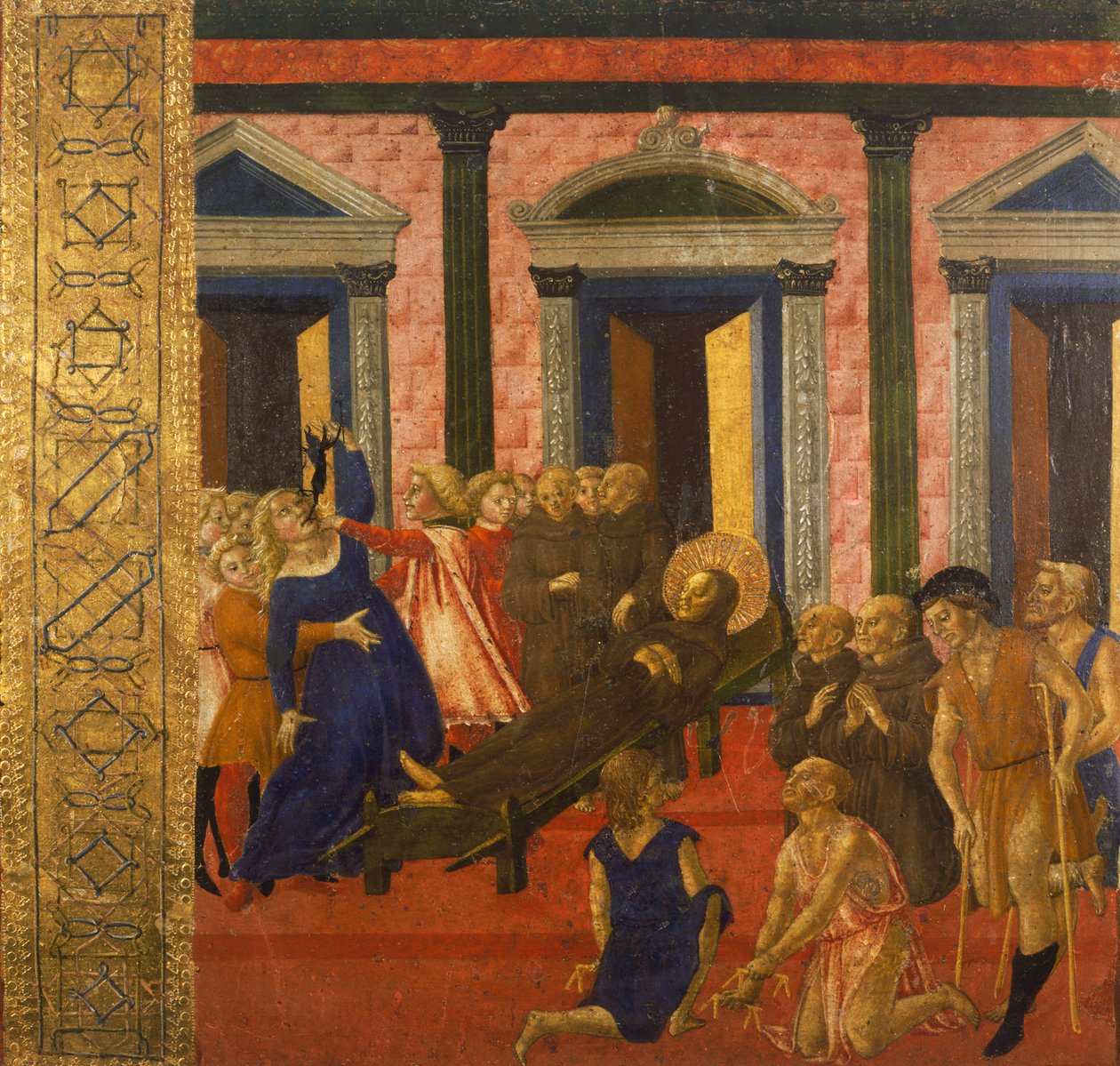 Neroccio di Bartolomeon (1447-1500) maalaus, Palazzo Pubblico (Julkinen palatsi), Siena, Italia, San Bernardino karkottaa riivatun naisen. tekijältä Bartolomeo di Neroccio