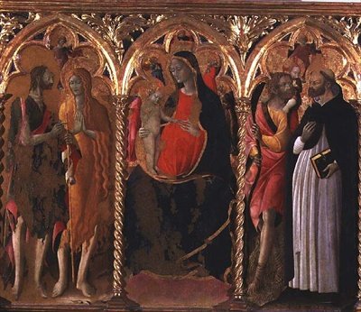 Triptyykki: Madonna ja lapsi (keskipaneeli) Pyhän Johannes Kastajan, Pyhän Maria Magdaleenan, Pyhän Kristoforin ja Pyhän Dominicuksen kanssa (tempera paneelissa) tekijältä Bartolomeo di Tommaso da Foligno