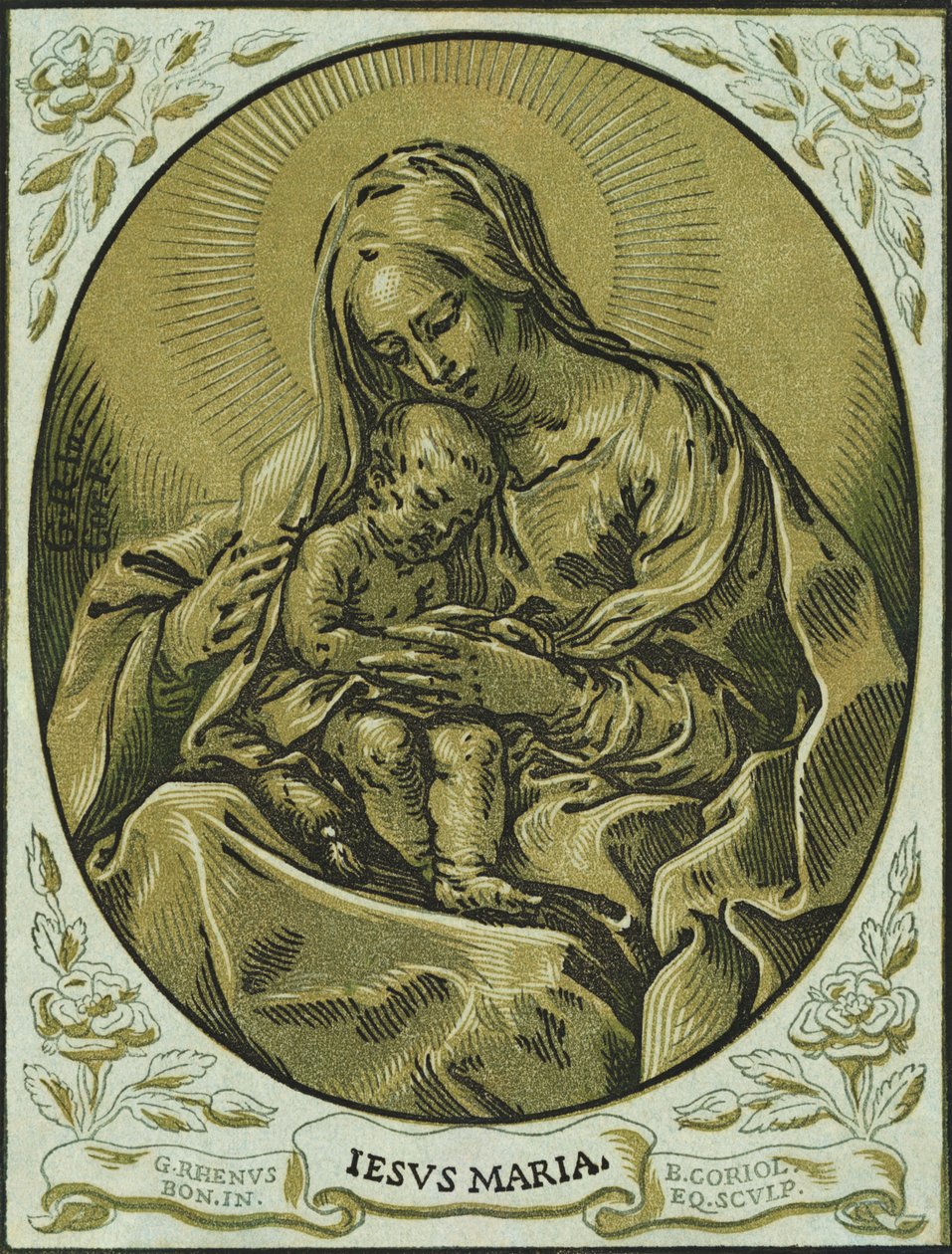 Madonna ja lapsi, chiaroscuro -puupiirros, kirjoittanut Bartolommeo Coriolano tekijältä Bartolommeo Coriolano