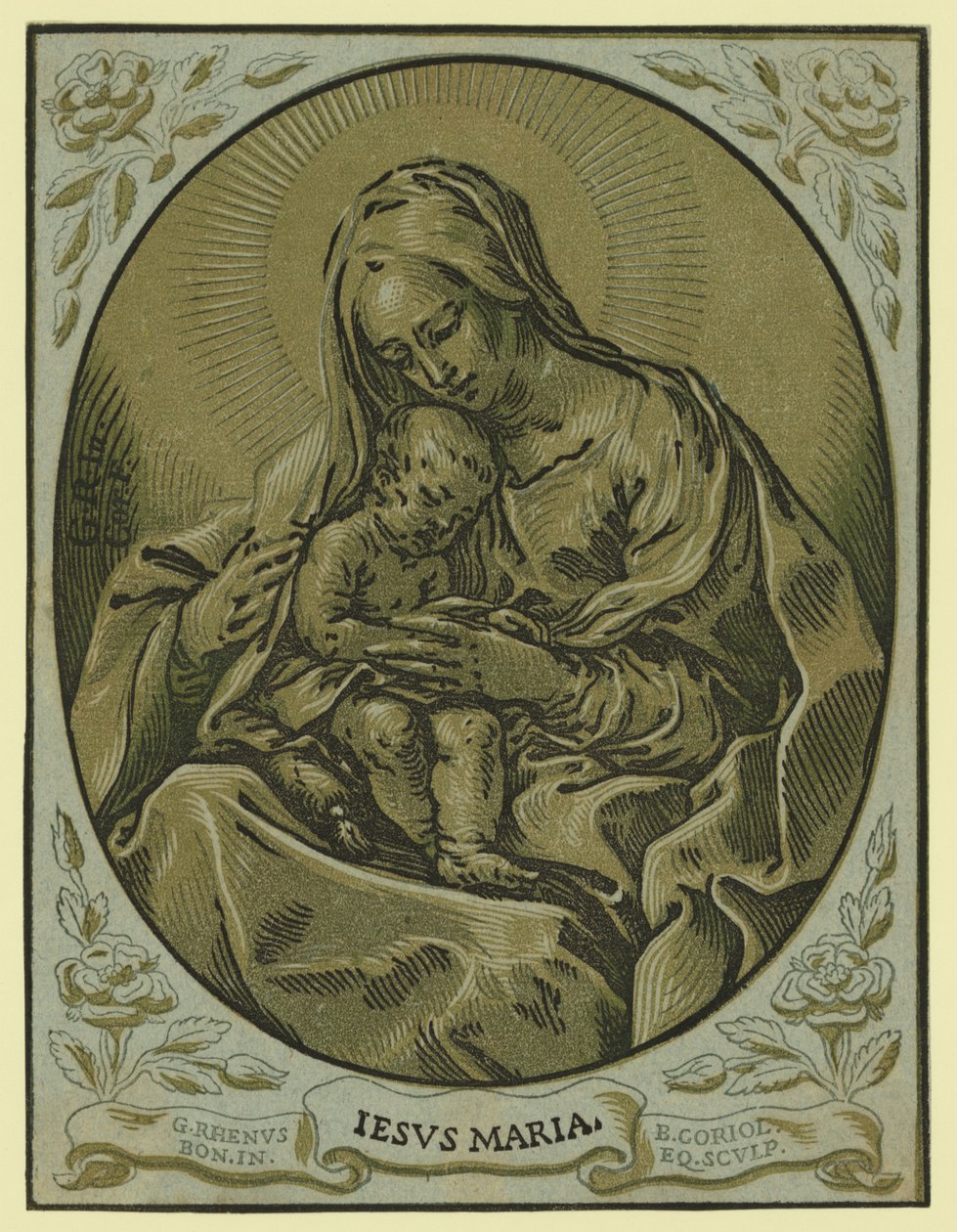 Madonna ja lapsi, chiaroscuro -puupiirros, kirjoittanut Bartolommeo Coriolano tekijältä Bartolommeo Coriolano