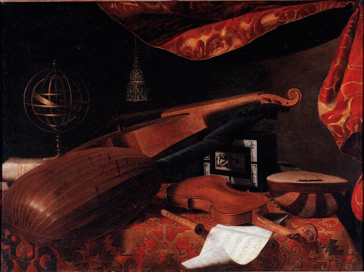 Asetelma soittimilla (viulu, luuttu ja spinette sekä käsivarsipallo) - Bartolomeo Betteran (1639-1722) maalaus, noin 1660 Öljy kankaalle Koko: 70,5x94,7 cm - Bergamo, Accademia Carrara tekijältä Bartolommeo Bettera