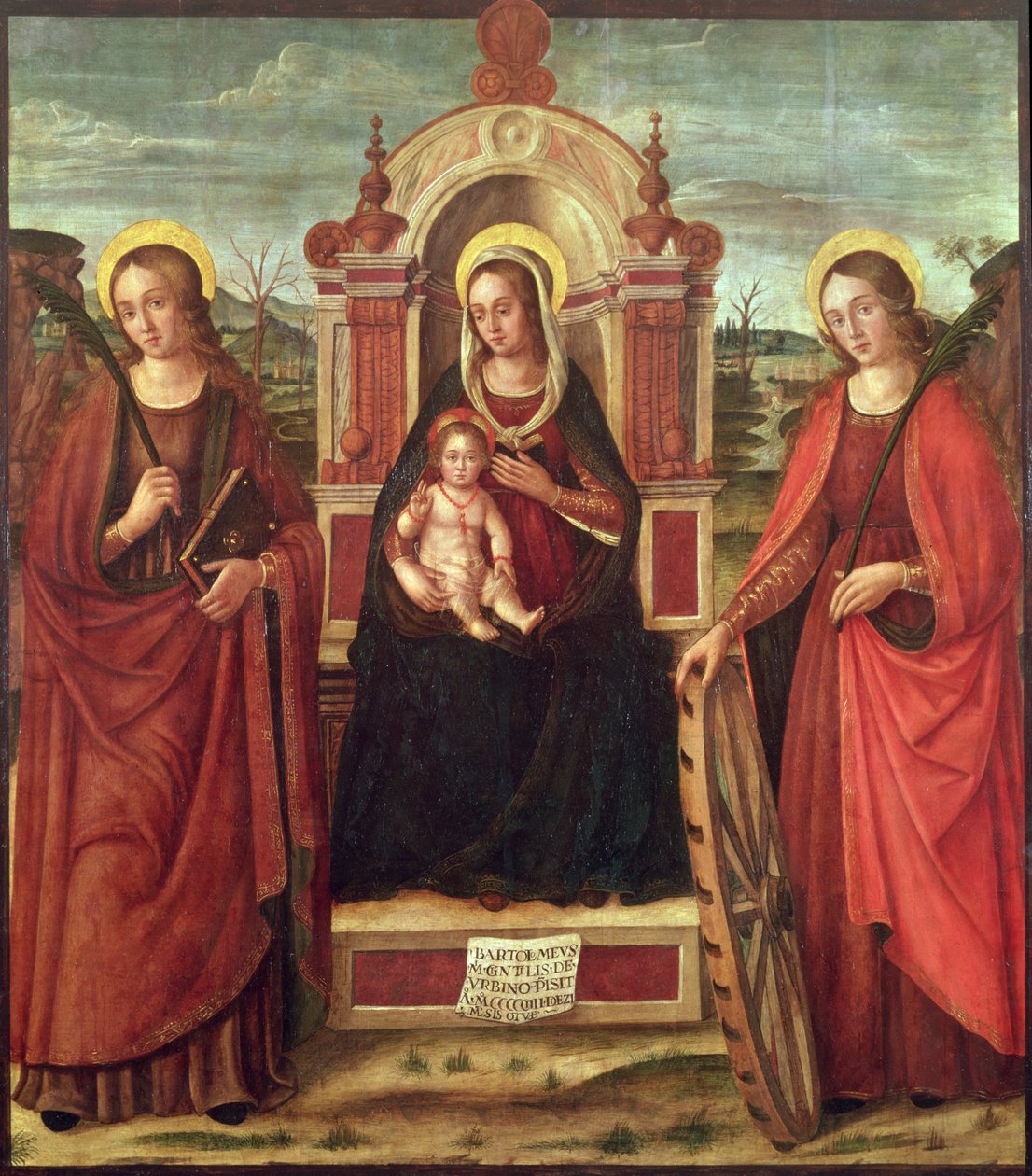 Madonna ja lapsi valtaistuimella Pyhän Katariinan Aleksandrialaisen ja pyhän naismarttyyrin kanssa (paneeli) tekijältä Bartolommeo de Gentile de Urbino