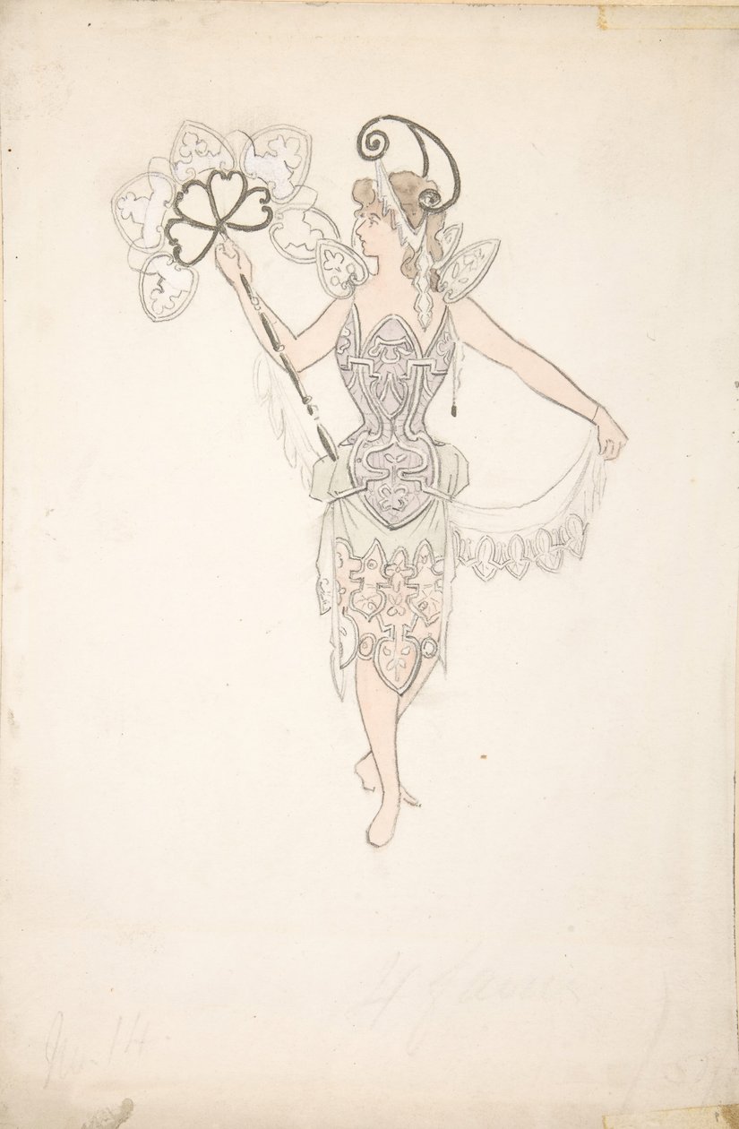 Pukusuunnittelu naiselle tuulettimen kanssa, 1890-99. tekijältä Basil Crage