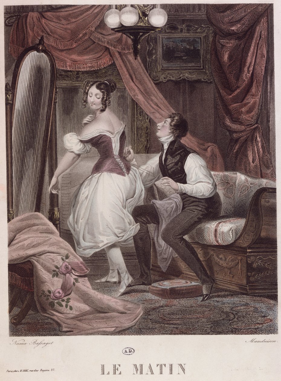 Morning, kaiverrus Leon Mauduison, kirjasta "Le Corset", pub. kirjoittanut Mirel, n. 1824-30 tekijältä Bassaget Numa