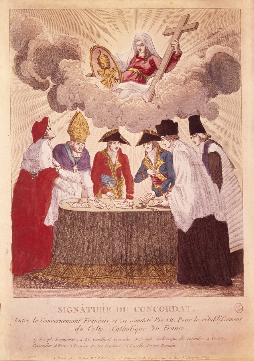 Napoleonin ja paavi Pius VII:n välisen konkordaatin allekirjoittaminen 15. heinäkuuta 1801 (kuparikaiverrus) tekijältä Basset