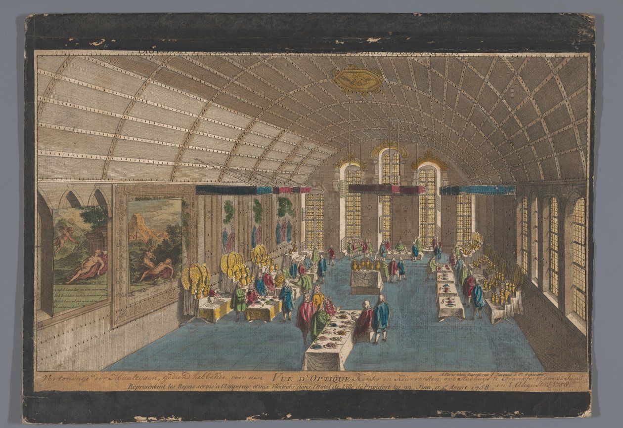 Näkymä Römer-saliin Frankfurt am Mainissa ja ateria keisarille ja vaaliruhtinaille 22. kesäkuuta ja 1. elokuuta 1758 Vue d