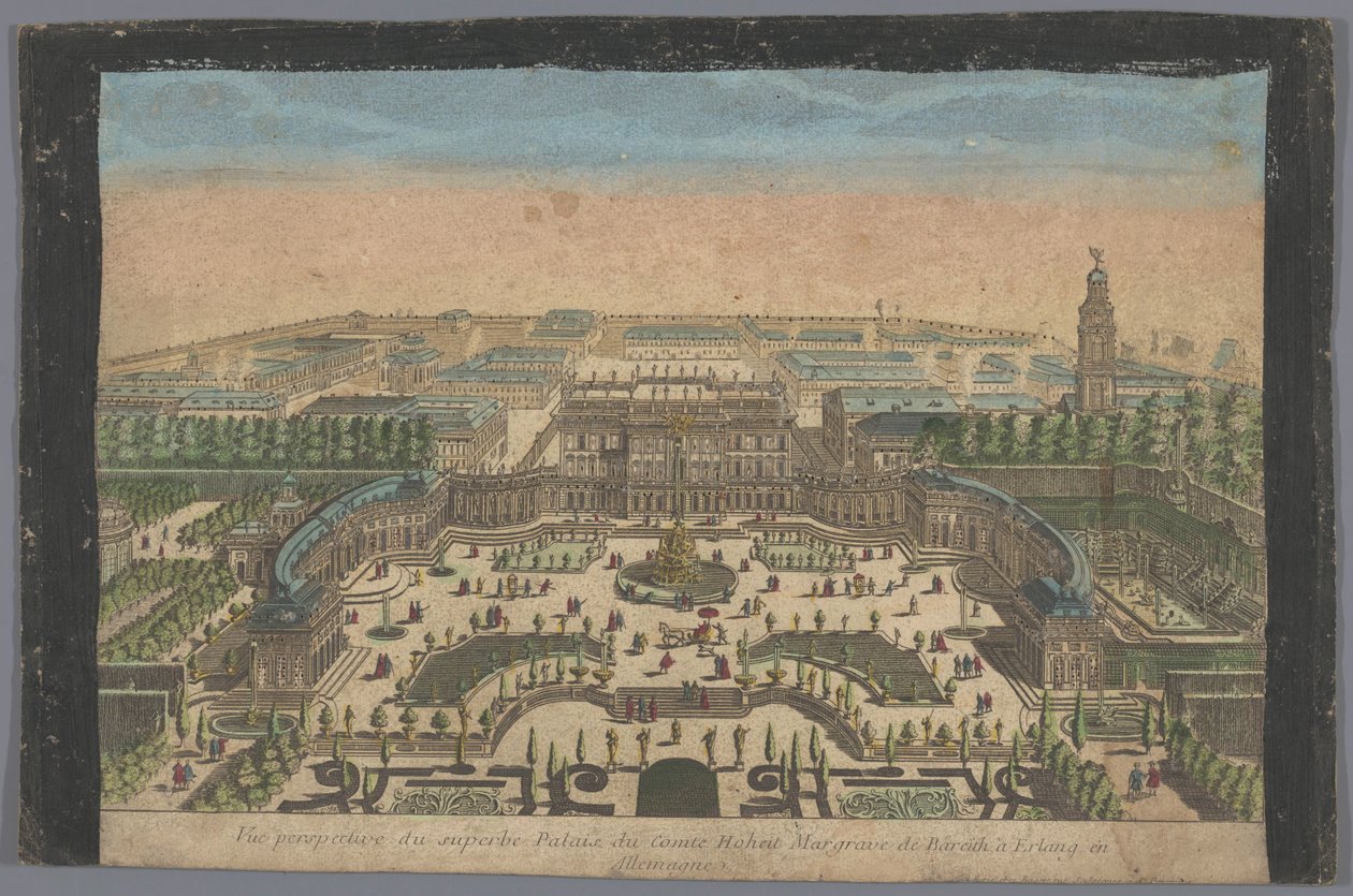 Näkymä Bayreuthin markkrahvin palatsista Erlangissa Vue perspektiivi du superbe palais du comte hoheit margrave de Bareith à Erlang en Allemagne (otsikko esineessä) tekijältä Basset