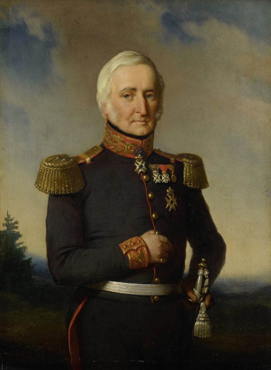 Huibert Gerard Baron Nahuys van Burgst (1782-1858). Hollannin Itä-Intian neuvoston jäsen kenraalimajurin virkapuvussa tekijältä Bastiaan de Poorter