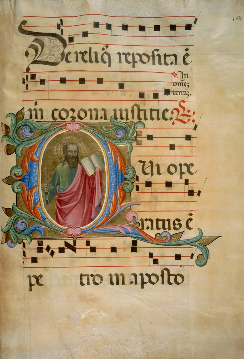 Valaistu nimikirjain Pyhän Paavalin hahmolla (Corale 8, n. 163), Santa Maria degli Angelin kuorokirjaan 8 tekijältä Batrolomeo di Fruosino