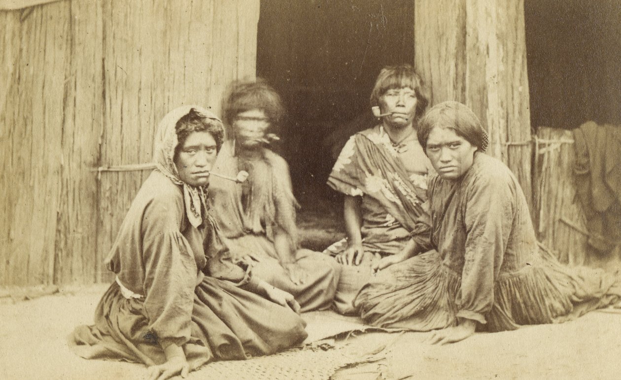 Ryhmä maorinaisia valaan ulkopuolella, n. 1865 (albumiprintti) tekijältä Batt and Richards