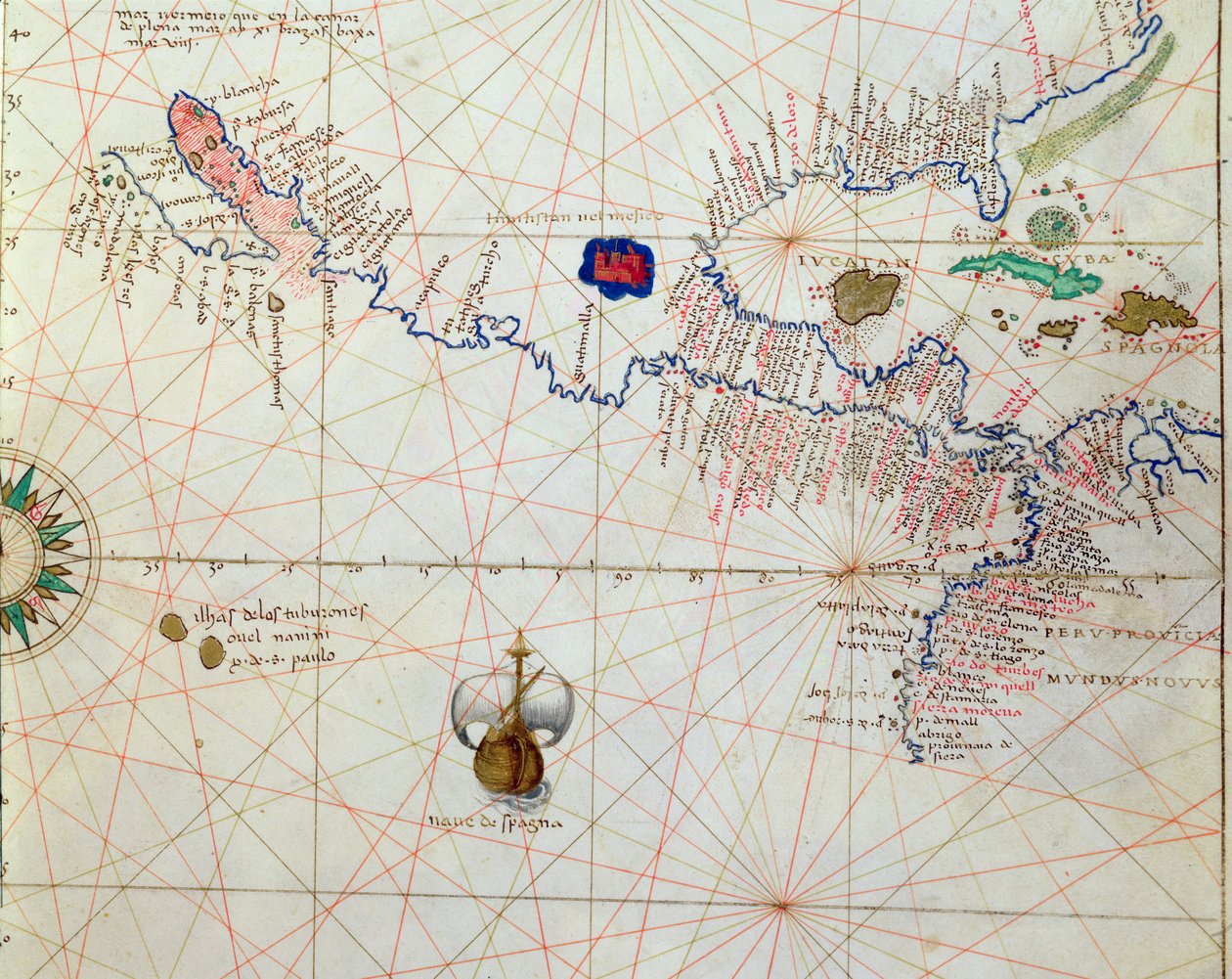 Keski-Amerikka, Atlas of the World in 33 Maps, Venetsia, 1. syyskuuta 1553 (muste vellum) (yksityiskohta 330960) tekijältä Battista Agnese