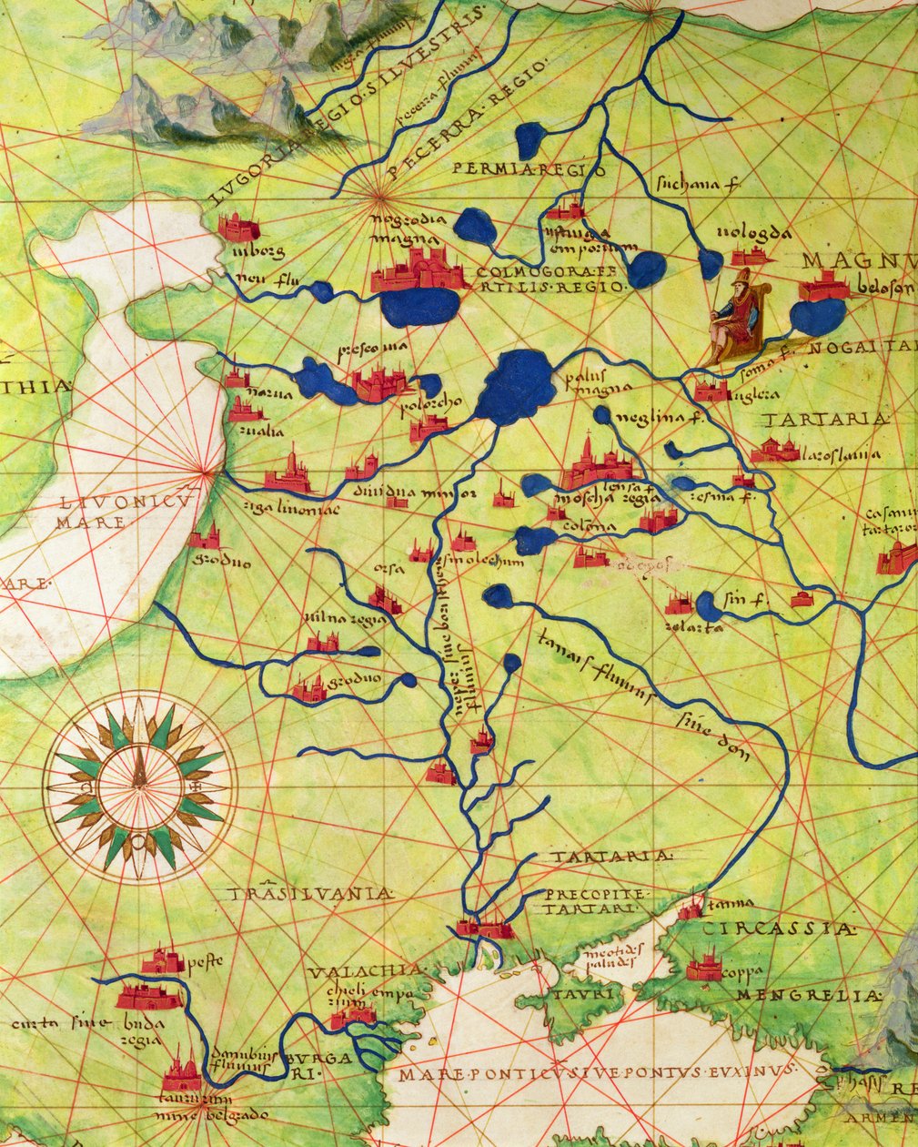 Yksityiskohta Euroopasta ja Keski-Aasiasta, Atlas of the World in 33 Maps, Venetsia, 1. syyskuuta 1553 (muste vellum) (katso myös 330953) tekijältä Battista Agnese