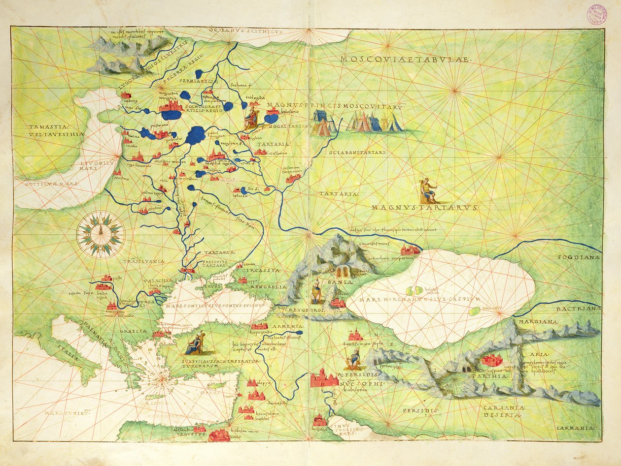 Eurooppa ja Keski-Aasia, Atlas of the World in 33 Maps, Venetsia, 1. syyskuuta 1553 (muste vellum) (katso myös 330954) tekijältä Battista Agnese