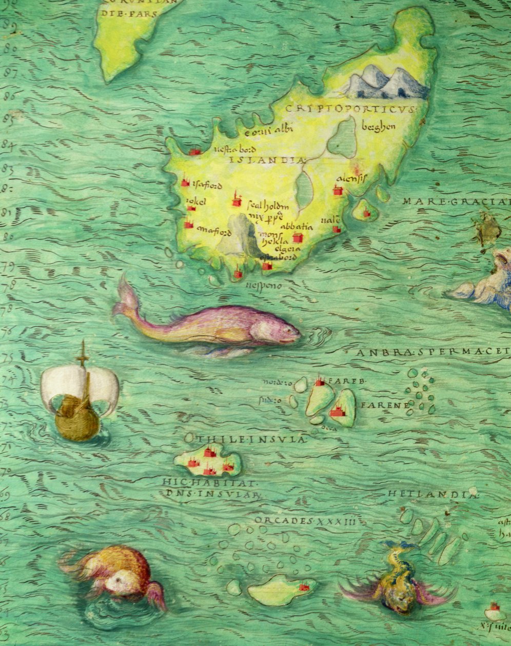 Islanti, Atlas of the World 33 kartalla, Venetsia, 1. syyskuuta 1553 (muste perunakalvolla) (yksityiskohta numerosta 330951) tekijältä Battista Agnese